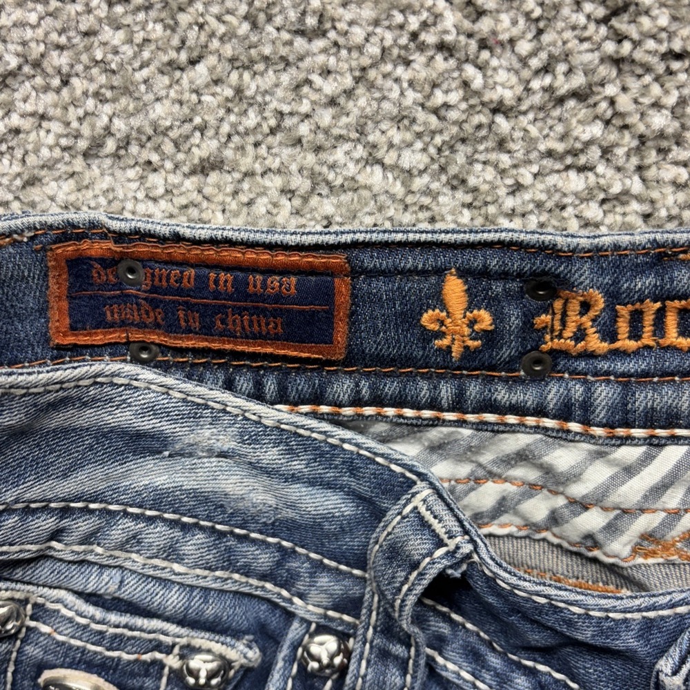 Rock Revival Jen Straight Leg Jeans Rhinestone‎ Distressed Frayed Size 28(30x28) - Picture 13 of 16